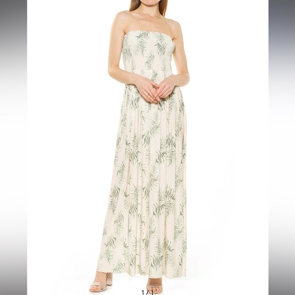 Alexia Admor Dress Women Medium Maxi Strapless Smocked Floral Cream Palm b19 - Picture 1 of 7